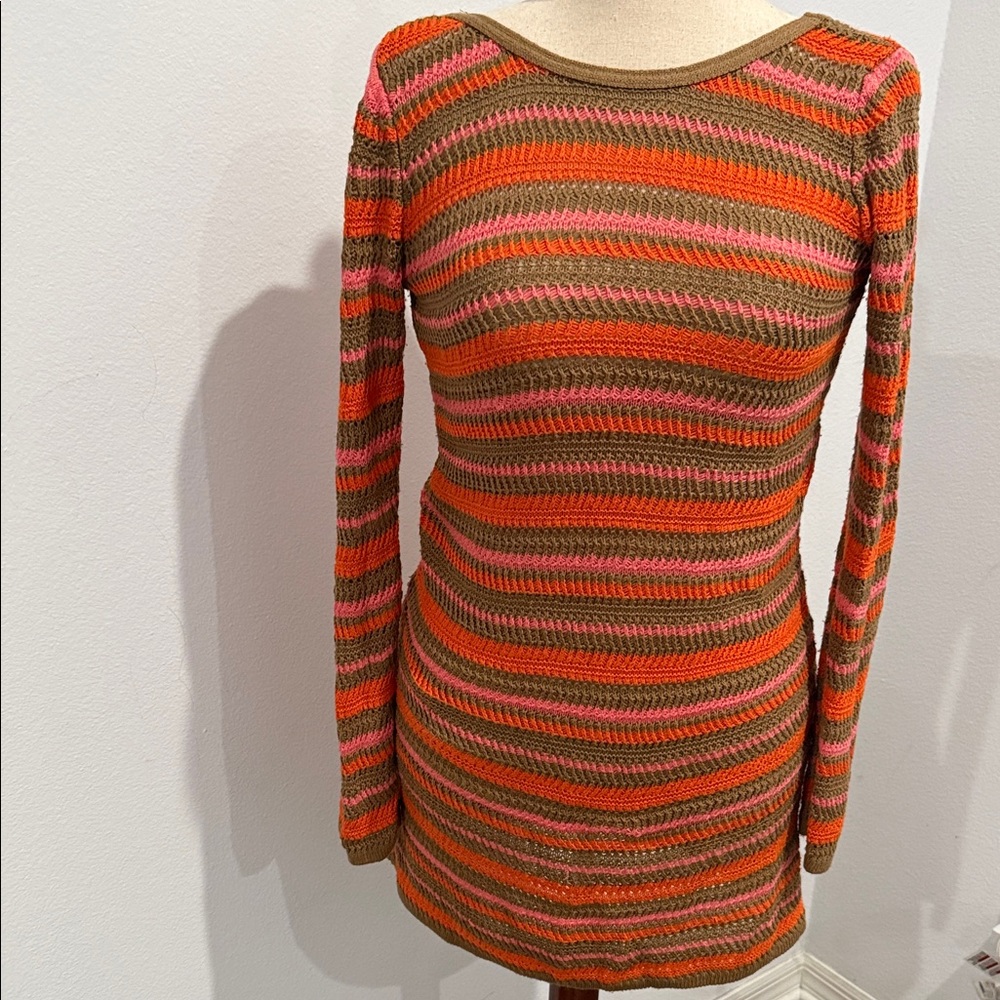 👗 UCOB Striped Knit Long Sleeve Mini Dress - Orange, Pink, Olive